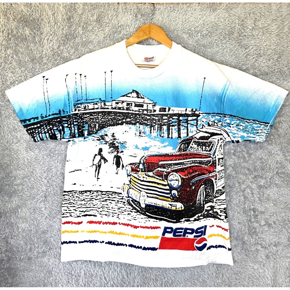 Vtg 90s PEPSI All Over Print T-Shirt XL AOP Woodie Wagon Beach Single Stitch USA